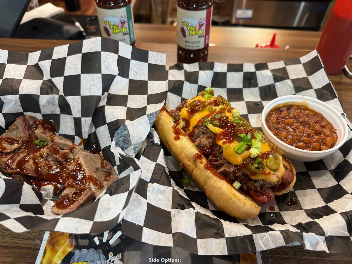 Off the Hook BBQ serves brisket, an all-beef Off the Hook Hot Dog, and more.