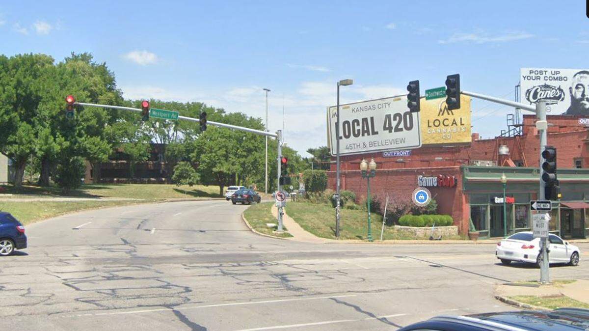 A Kansas City police officer was badly wounded Monday, Sept. 18, 2023, when he struck “loose roadway material” and was thrown from the police motorcycle has was driving on Southwest Traffickway, just north of Westport Road, authorities said. A Google Maps street view image from July 2023 shows the general area.