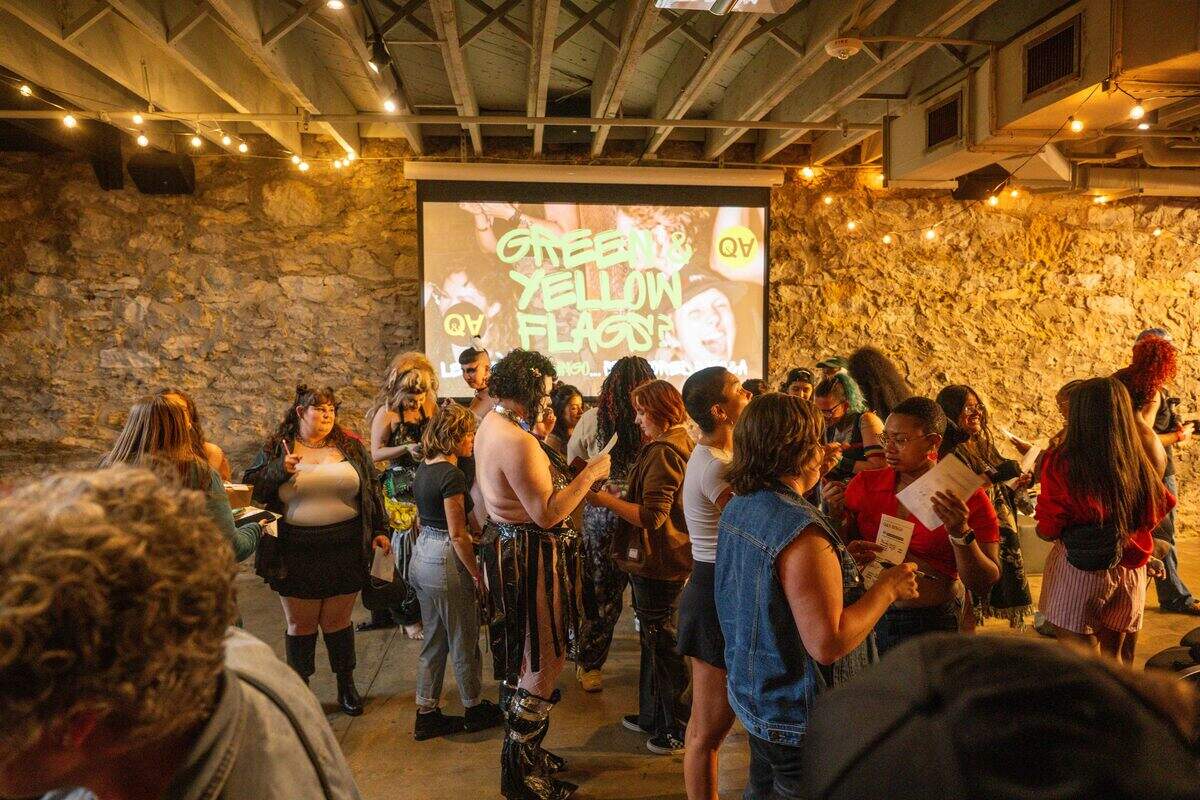 The crowd mingles at “Where To Find Us”, a night of matchmaking, performances and safe queer spaces to help singles form friendships and romantic connections.