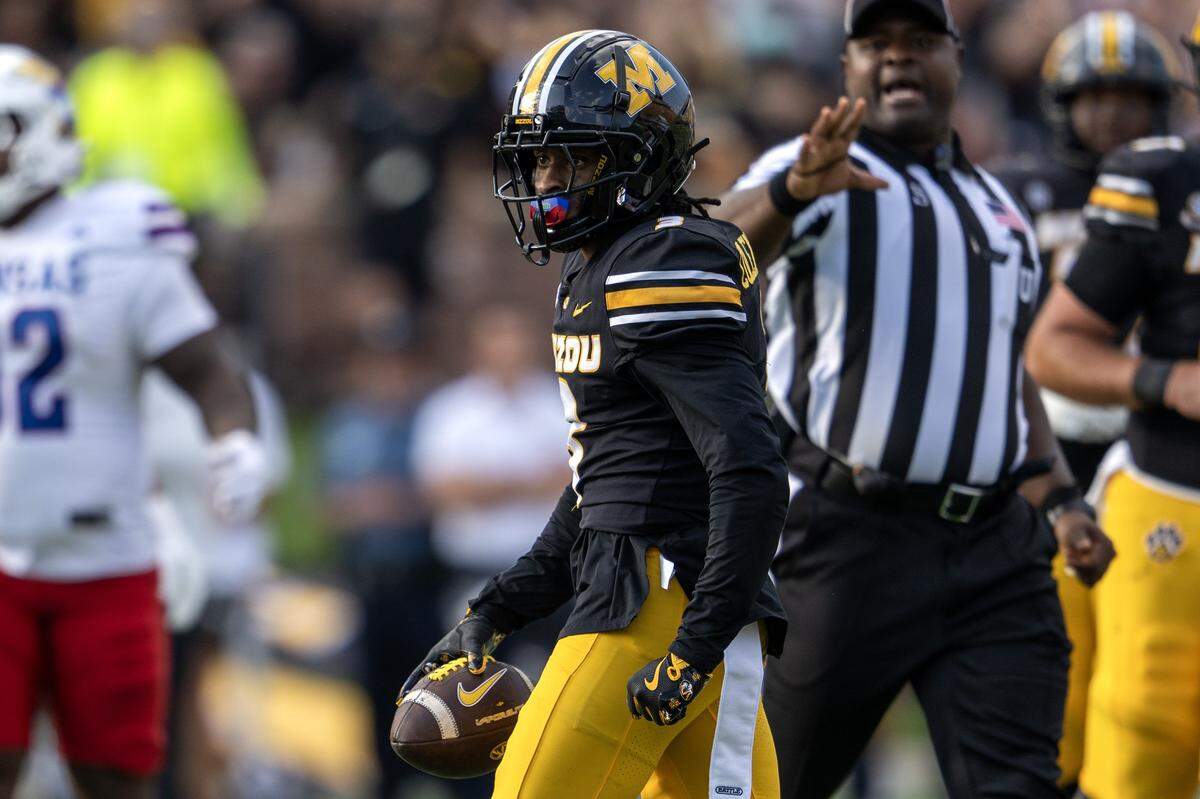 Missouri Tigers wide receiver Kevin Coleman Jr. (3) heads to the sideline after breaking up a pass in the fourth quarter during a game against the Kansas Jayhawks at Faurot Field at Memorial Stadium on Saturday, Sept. 6, 2025, in Columbia.
