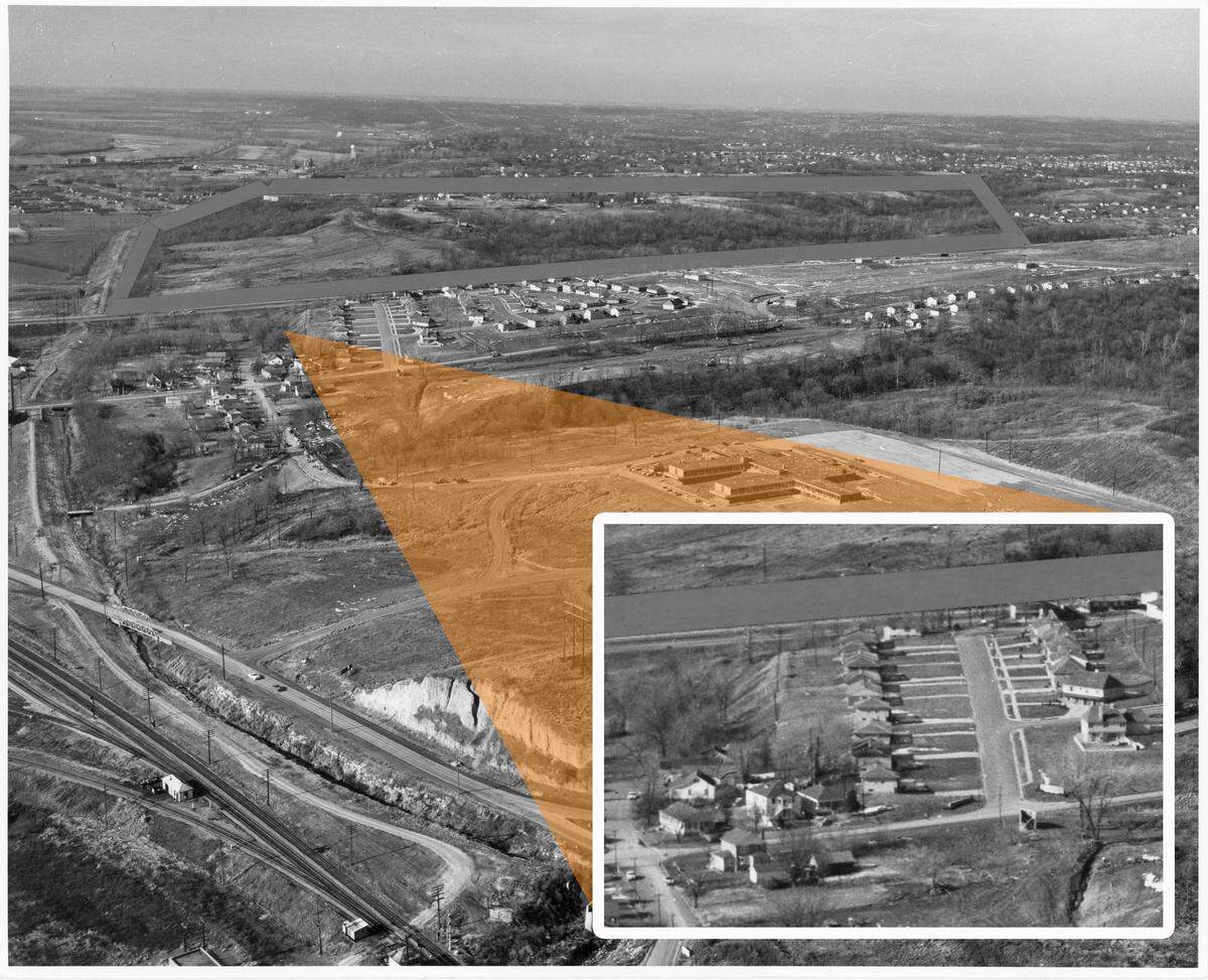 A west-facing aerial view of the River Forest neighborhood under construction in 1956. The inset illustrates how backyards along the south side of East 28th Avenue were extended using fill slopes descending into the future River Forest Park site.