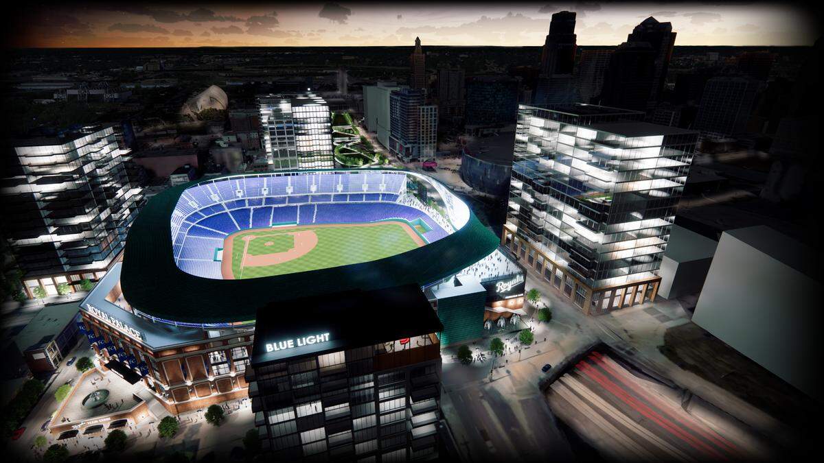 A downtown stadium concept for the Kansas City Royals designed by Mammoth Sports Construction has the stadium at the site of the former Kansas City Star press pavilion on McGee Street. In this concept, a portion of the stadium would span I-670. This view is looking west.
