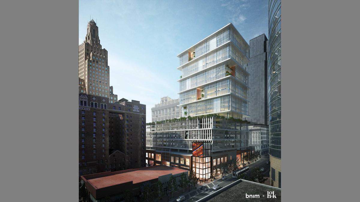 An artistic rendering depicts Strata, a proposed 25-story office and retail development planned for the southwest corner of 13th and Main streets in downtown Kansas City.