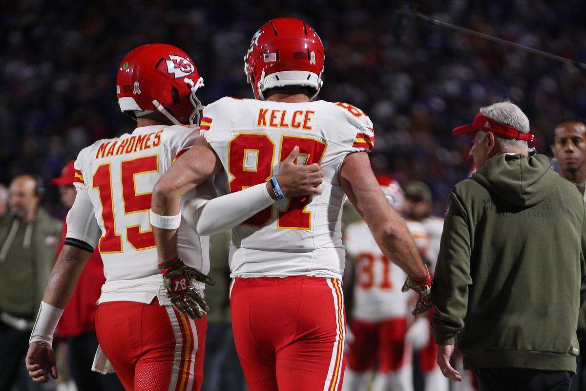 Kansas City Chiefs teammates Patrick Mahomes and Travis Kelce walk to the halftime locker room together during an NFL Week 9 game against the Buffalo Bills at Highmark Stadium in Orchard Park, New York, on Sunday, Nov. 2, 2025.
