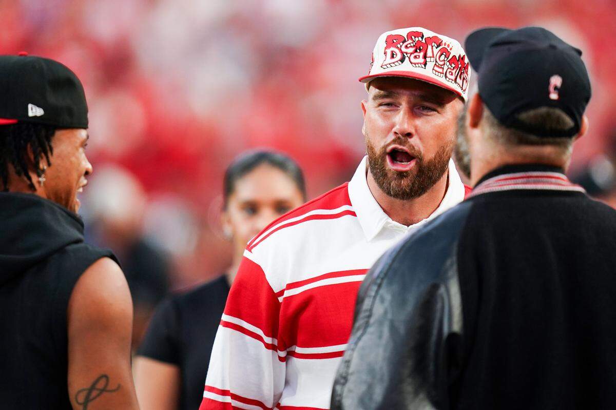Kansas City Chiefs tight end Travis Kelce appears at the Kansas City Classic season opening game between the Cincinnati Bearcats and Nebraska Cornhuskers, Thursday, Aug. 28, 2025, at Arrowhead Stadium in Kansas City, Mo.