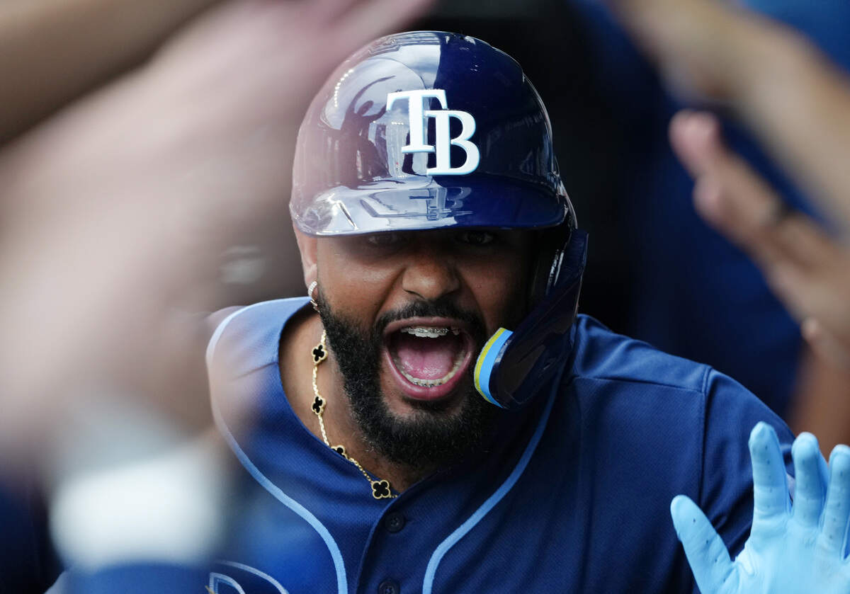 Tampa Bay Rays star Junior Caminero celebrates his two-run home run against the Kansas City Royals in the first inning at Kauffman Stadium on July 01, 2026 in Kansas City, Missouri.