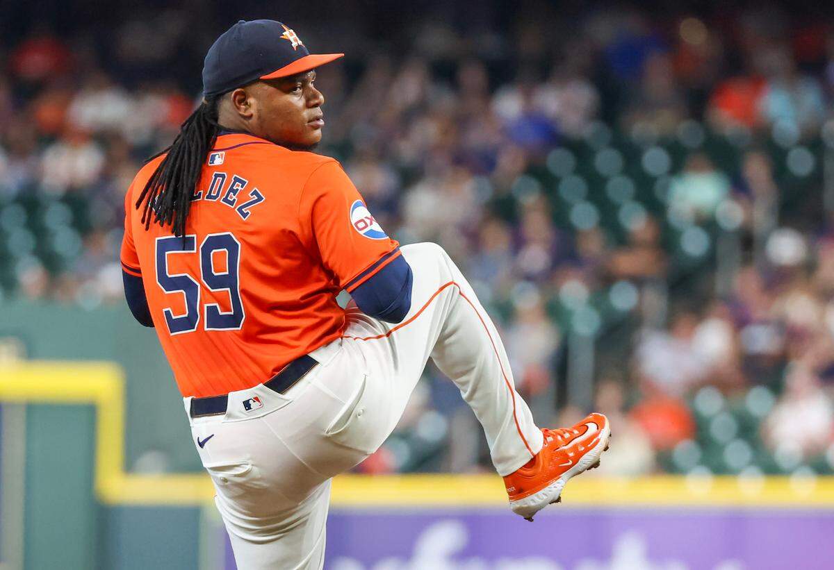 Astros left-handed starter Framber Valdez pitches against the Kansas City Royals on Friday evening at Minute Maid Park in Houston.