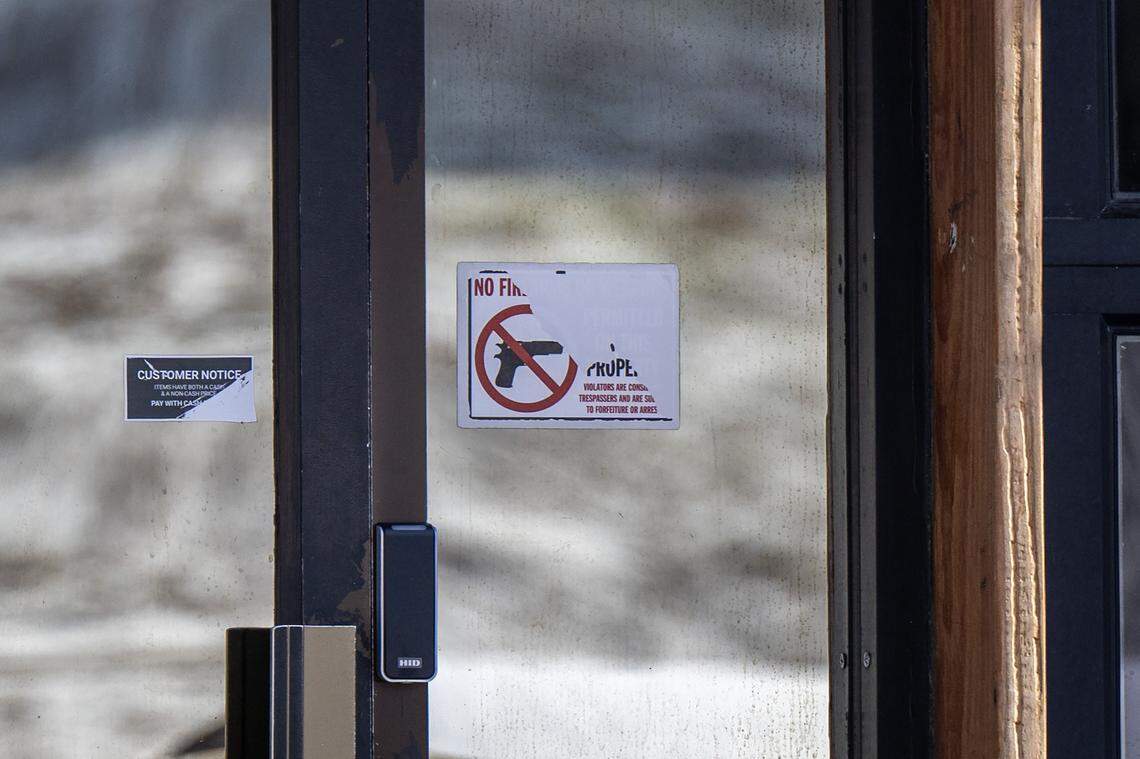 A sign prohibiting firearms is displayed on the door of The Hawk at 1340 Ohio St. on Saturday, Jan. 17, 2026, in Lawrence.