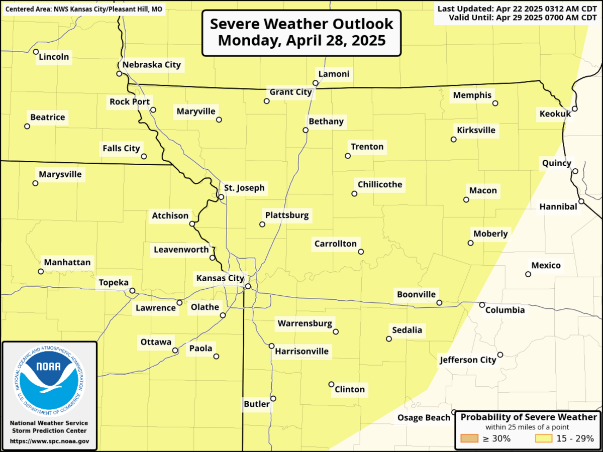 The chance for severe weather returns on Monday. The National Weather Service’s Storm Prediction Center has placed the Kansas City area under a slight risk for severe thunderstorms.