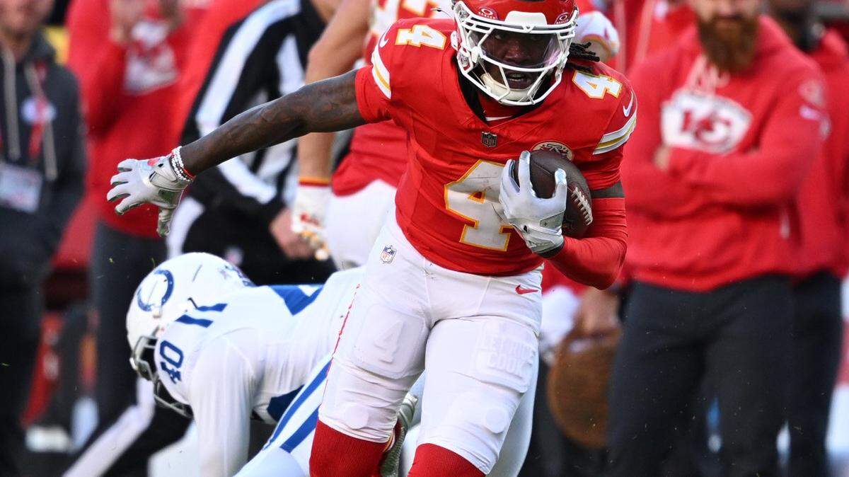 Chiefs wide receiver Rashee Rice (No. 4) runs with the ball after making a catch against the Indianapolis Colts during an NFL Week 12 game at GEHA Field at Arrowhead Stadium in Kansas City on Sunday, Nov. 23, 2025.