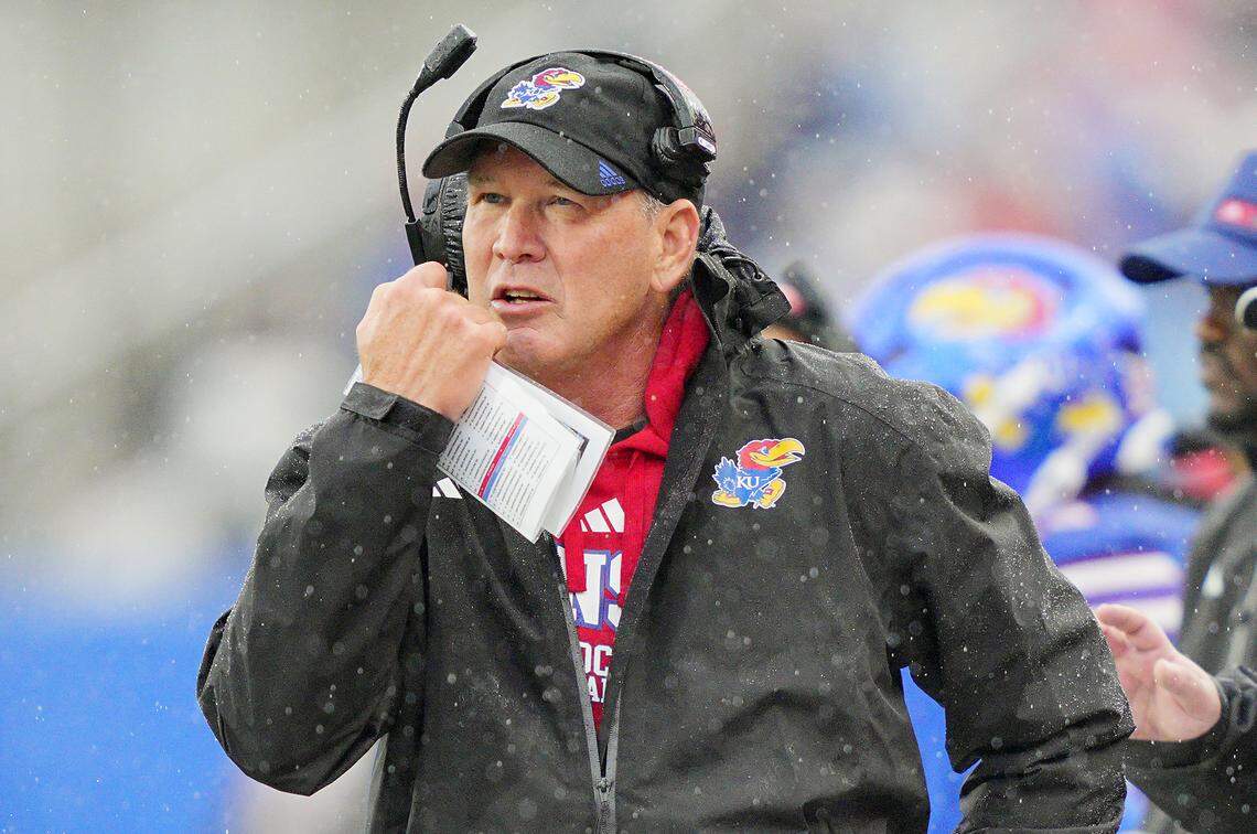 Lance Leipold of the Kansas Jayhawks reacts during the first half against the Kansas State Wildcats at David Booth Kansas Memorial Stadium on October 25, 2025 in Lawrence, Kansas.