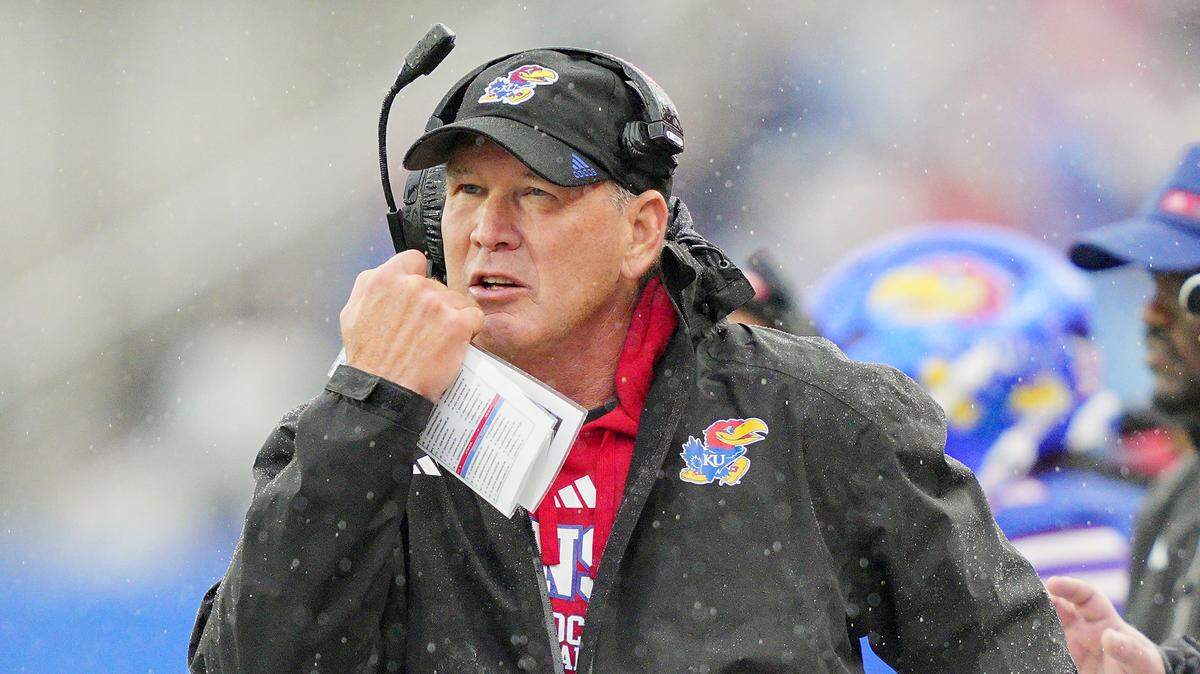 Lance Leipold of the Kansas Jayhawks reacts during the first half against the Kansas State Wildcats at David Booth Kansas Memorial Stadium on October 25, 2025 in Lawrence, Kansas.
