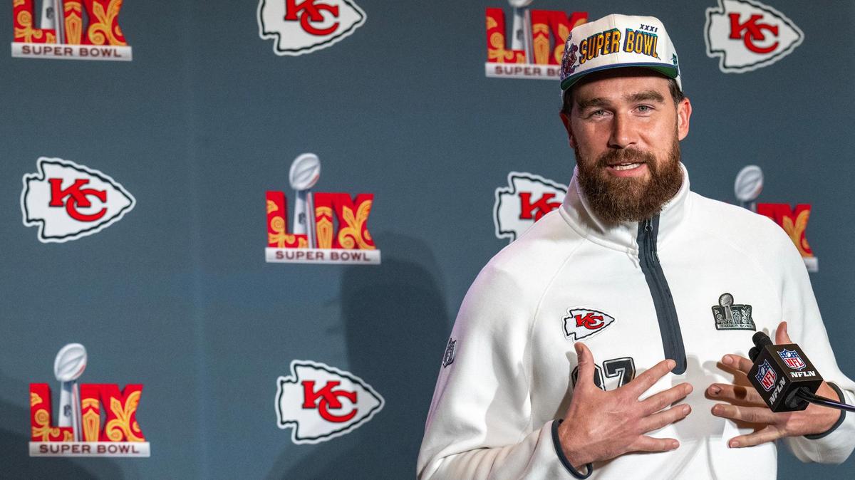 Kansas City Chiefs tight end Travis Kelce ponders a question during the media availability for the team on Thursday, Feb. 6, 2025, ahead of Super Bowl LIX on Sunday in New Orleans.