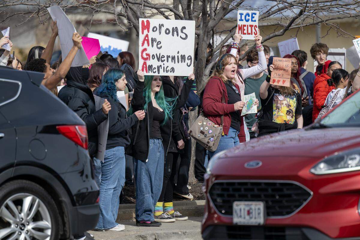 Students at Shawnee Mission North High School marched in protest of ICE and the Trump administration along Johnson Drive on Wednesday, February 11, 2026, in Overland Park.