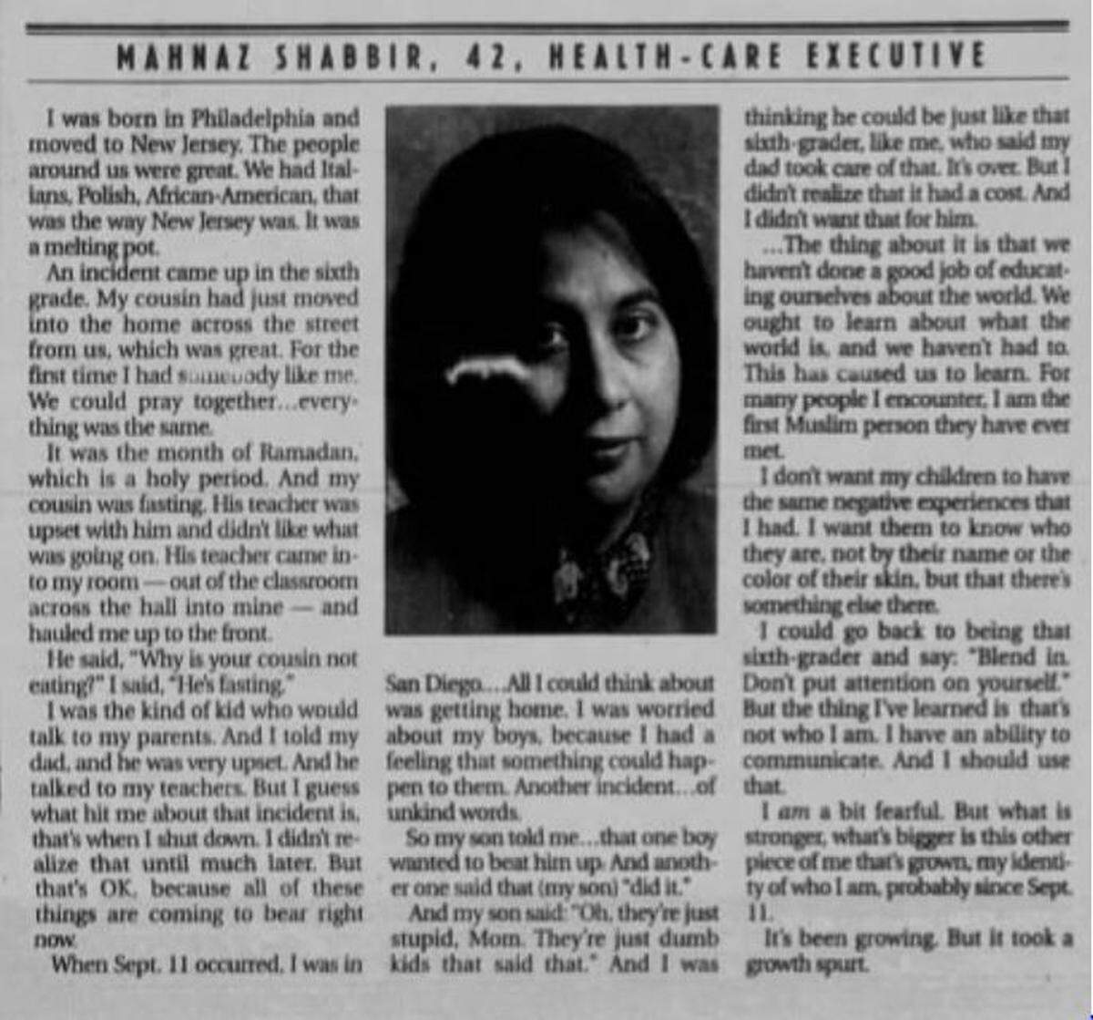 Mahnaz Shabbir’s interview in The Kansas City Star on Nov. 11, 2001