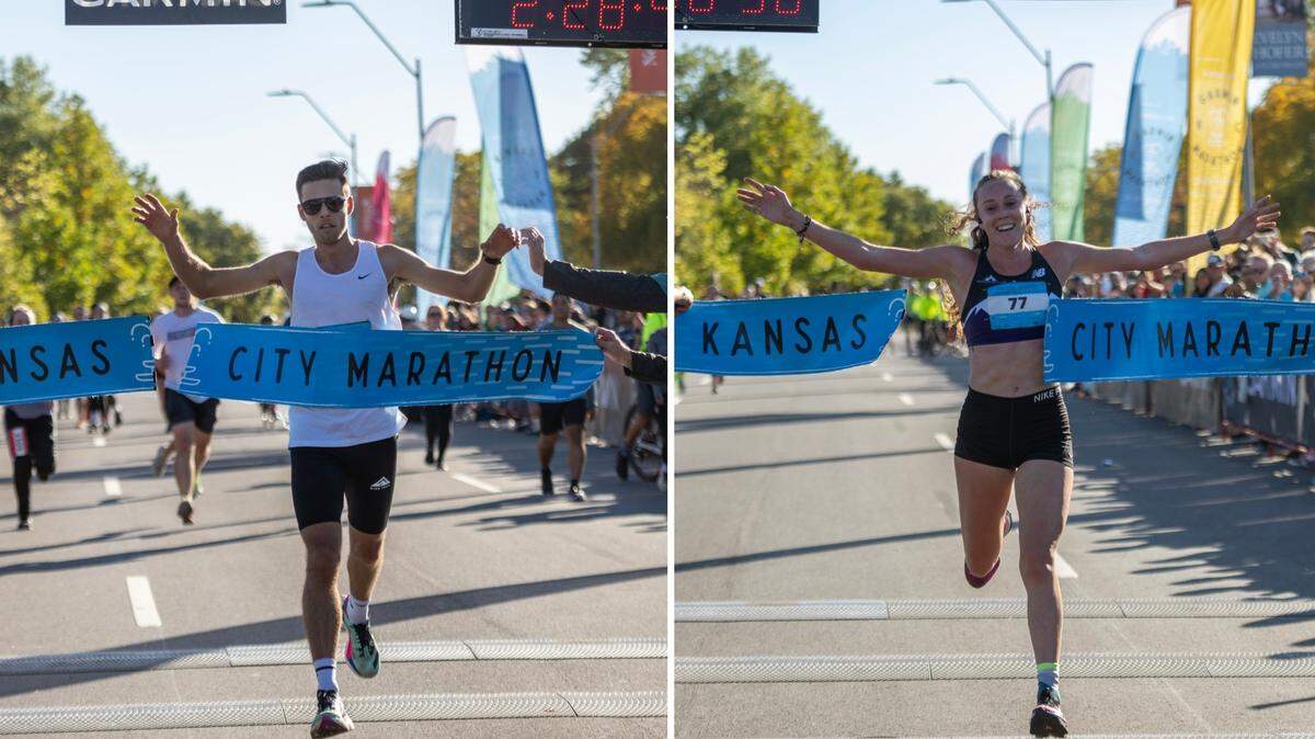 Jason Fambrough, at left, and Samantha Famer were Saturday’s overall men’s and women’s winners in the 2023 Garmin Kansas City Marathon.