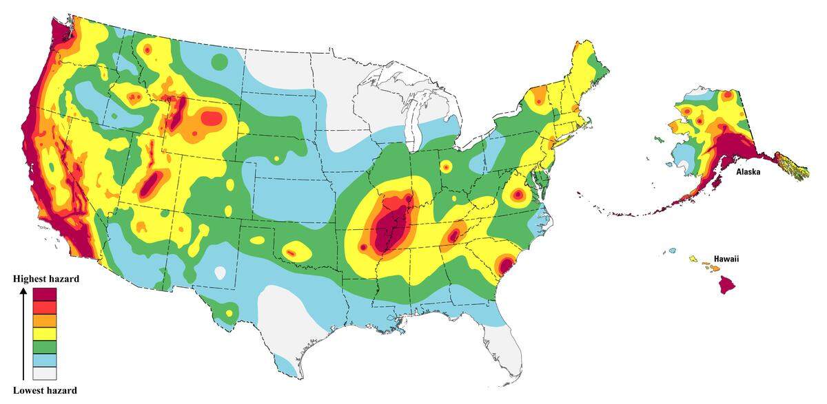 Hazard map from the 2023 50-state update of the National Seismic Hazard Model Project shows an earthquake risk in parts of Missouri and neighboring states.