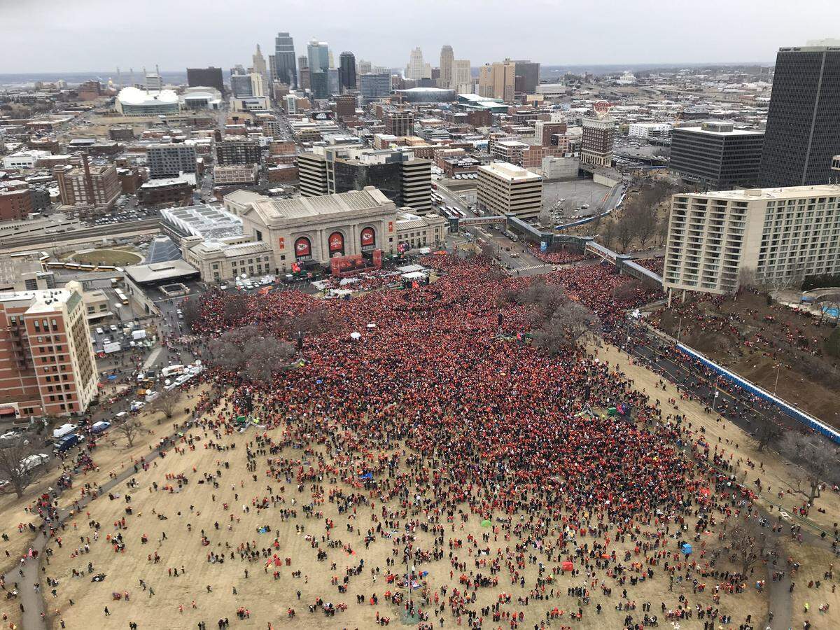 A crowd gathered at Union Station Wednesday at the Kansas City Chiefs Super Bowl victory rally after the parade on Grand Boulevard.