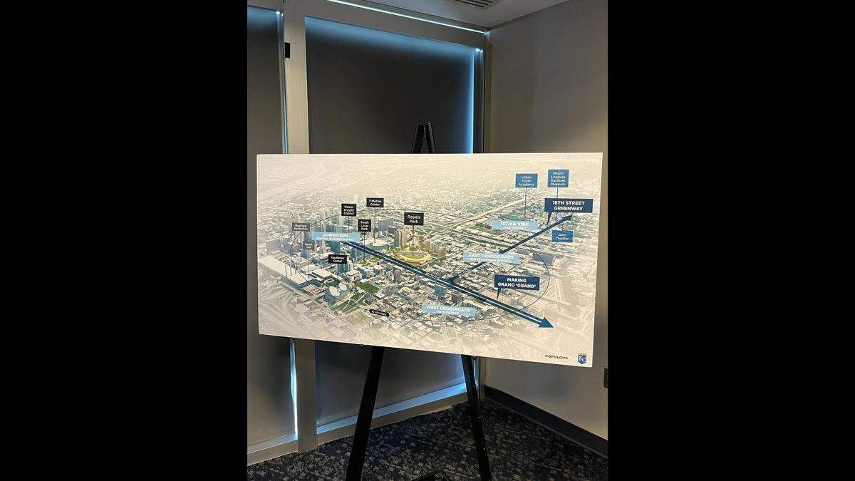 A rendering of the proposed Royals stadium, which would be located on the site of the former Kansas City Star Press Pavilion at 1601 McGee Street.