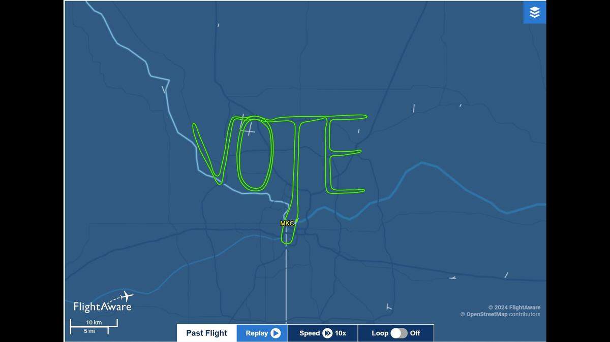 Kansas City area pilot and associate professor Mujahid Abdulrahim and several of his students flew a path spelling out “VOTE” over the metro’s Northland on Friday. They had Mayor Quinton Lucas write “vote” and then digitized the handwriting to plan a flight plath around it, a process called flight plan skywriting. The message can be seen on FlightAware.com.