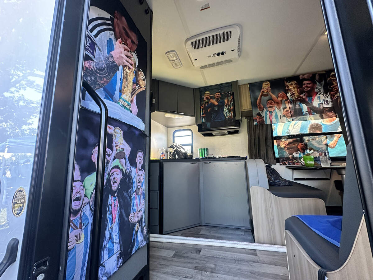 The inside of Hernan Romero’s campervan, which he used to travel the United States for each Argentina World Cup match. Romero spent 12 hours decorating the van for the over 6,000-mile road trip.