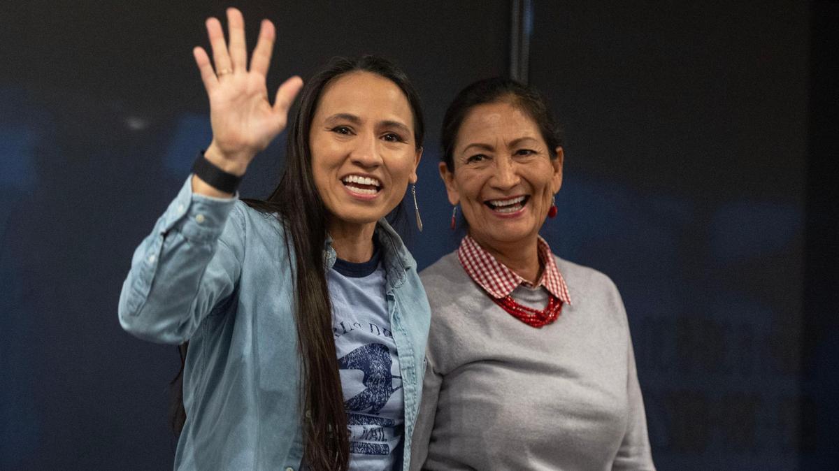 Kansas 3rd District Rep. Sharice Davids campaigns with U.S. Secretary of the Interior Deb Haaland at Homer’s Coffee on Friday, Nov. 4, 2022, in Overland Park.