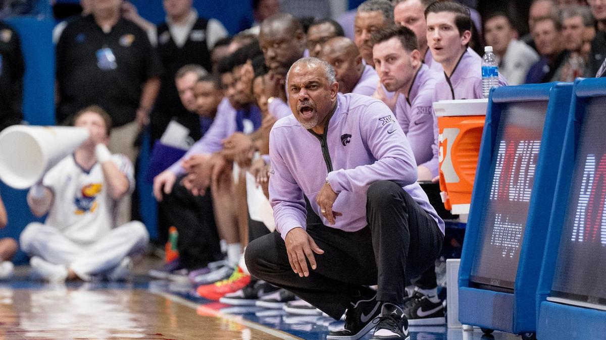 Kansas State Wildcats head coach Jerome Tang yells to his players during an NCAA college basketball game against the Kansas Jayhawks on Tuesday, March 5, 2024, in Lawrence.