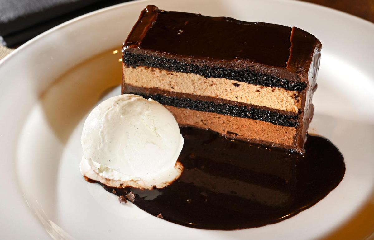 Chocolate cake with hand spun vanilla ice cream and chocolate sauce at Ocean Prime.