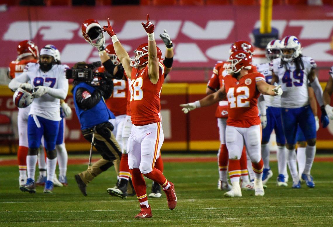 Kansas City Chiefs tight end Nick Keizer (48) and fullback Anthony Sherman (42) celebrate as the Chiefs closed out the AFC Championship Game, 38-24, with a win over the Buffalo Bills on Sunday, Jan. 24, 2021, at Arrowhead Stadium in Kansas City.