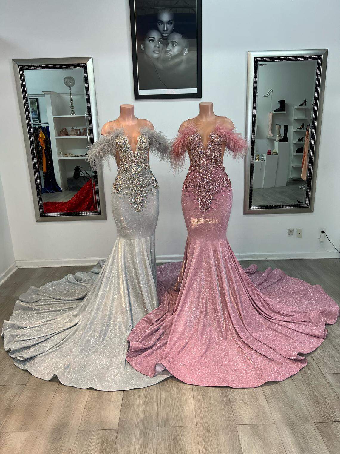 A dazzling pair of gowns shimmering with fine glitter throughout featuring intricate crystal and bead embellishments in ornate patterns created by Sheraz Pompey.