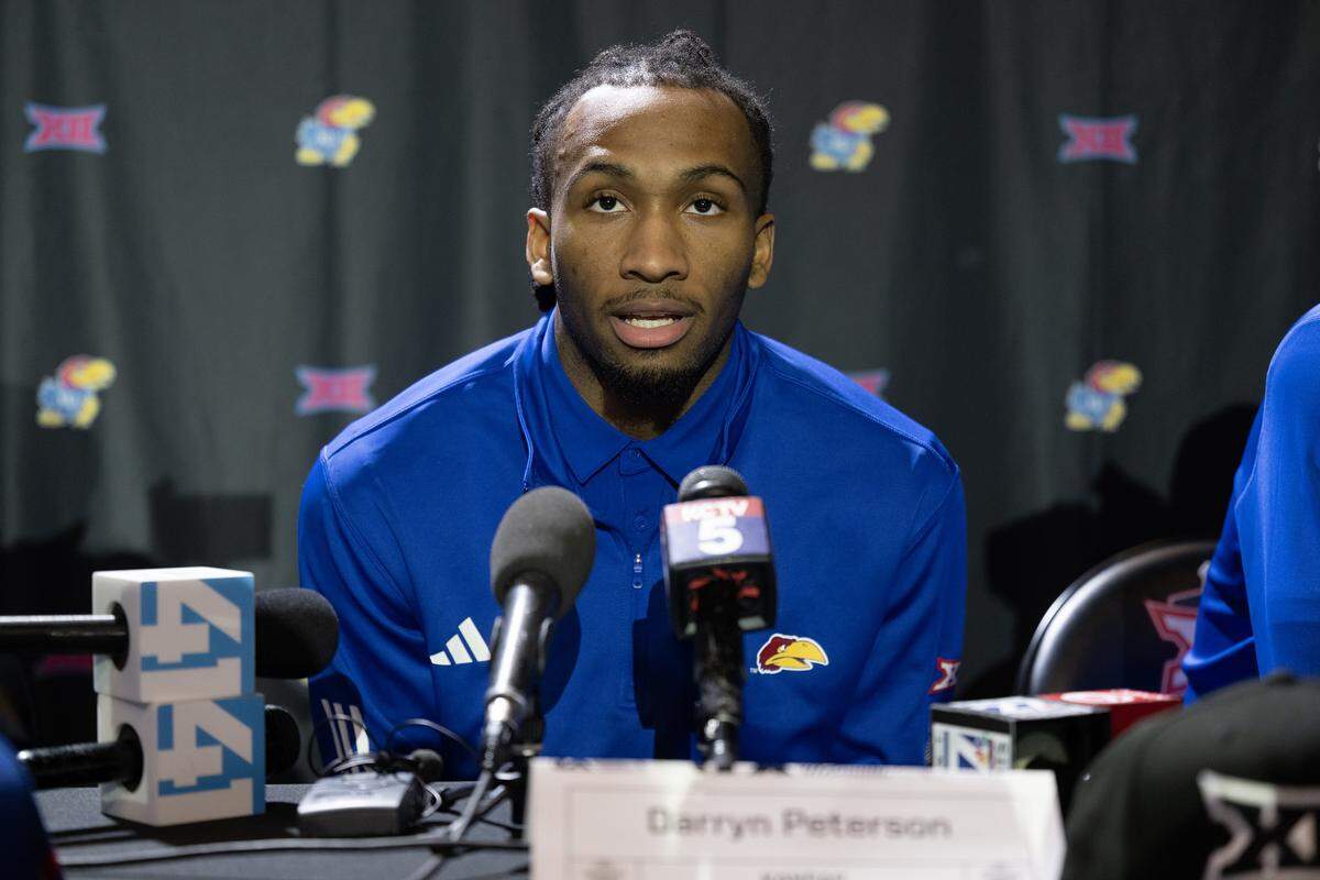 Kansas freshman Darryn Peterson answers questions during Big 12 Basketball Media Day at T-Mobile Center on Wednesday, October 22, 2025, in Kansas City.