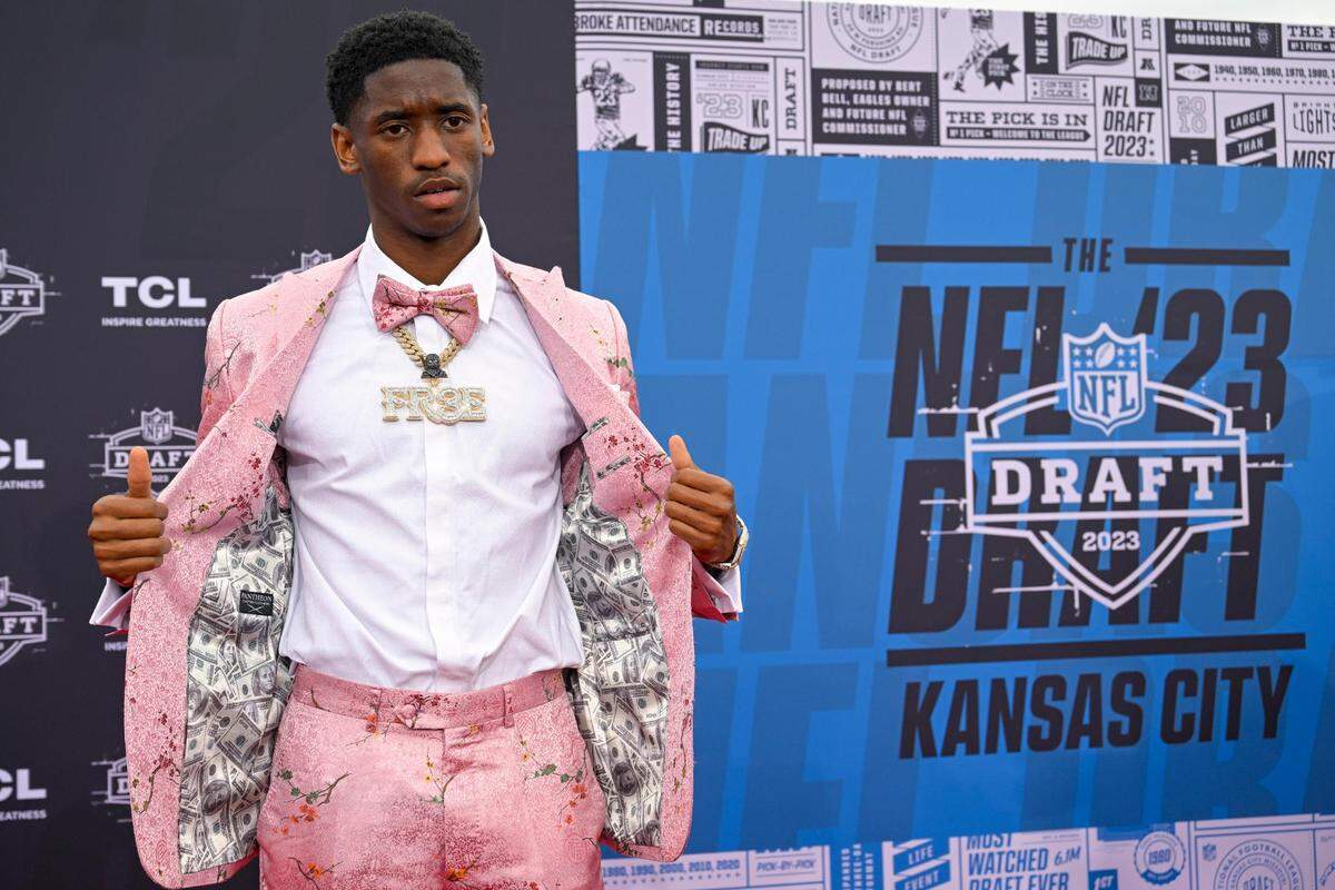 NFL Draft prospect Jordan Addison, a wide receiver from University Southern California walked the NFL Draft Red Carpet setup on the Memorial Courtyard kickoff the three-day NFL Draft on Thursday, April 27, 2023, at the National WWI Museum and Memorial.