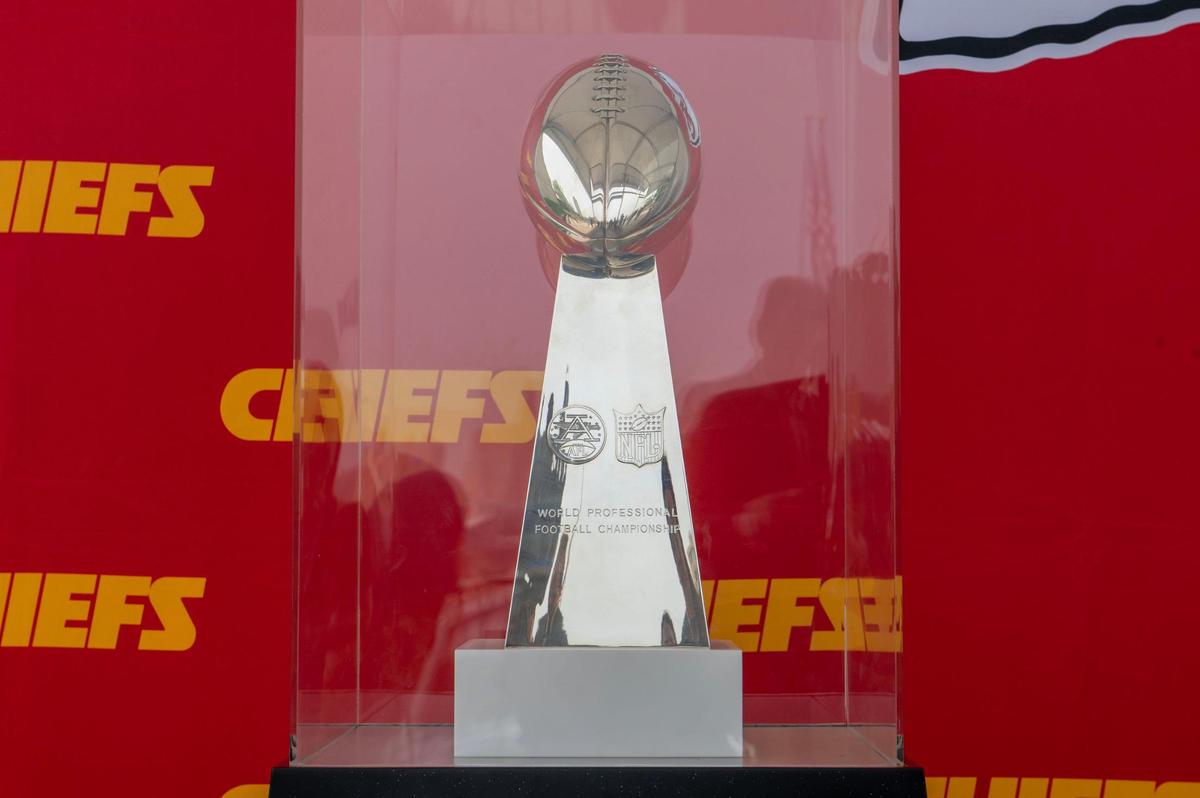 The Vince Lombardi Trophy won by the Kansas City Chiefs in 1970 is displayed Wednesday at the NFL Draft Experience preview.