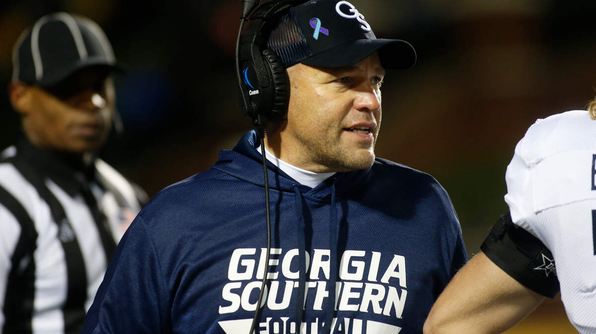 Georgia Southern head coach Chad Lunsford walks the sidelines during the first half of an NCAA college football game against Appalachian State Thursday, Oct. 31, 2019, in Boone, NC. (AP Photo/Brian Blanco)