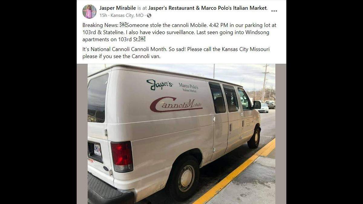 The owner of Jasper’s Italian Restaurant reported in a Facebook post that his “Cannoli Mobile” was stolen from the parking lot.