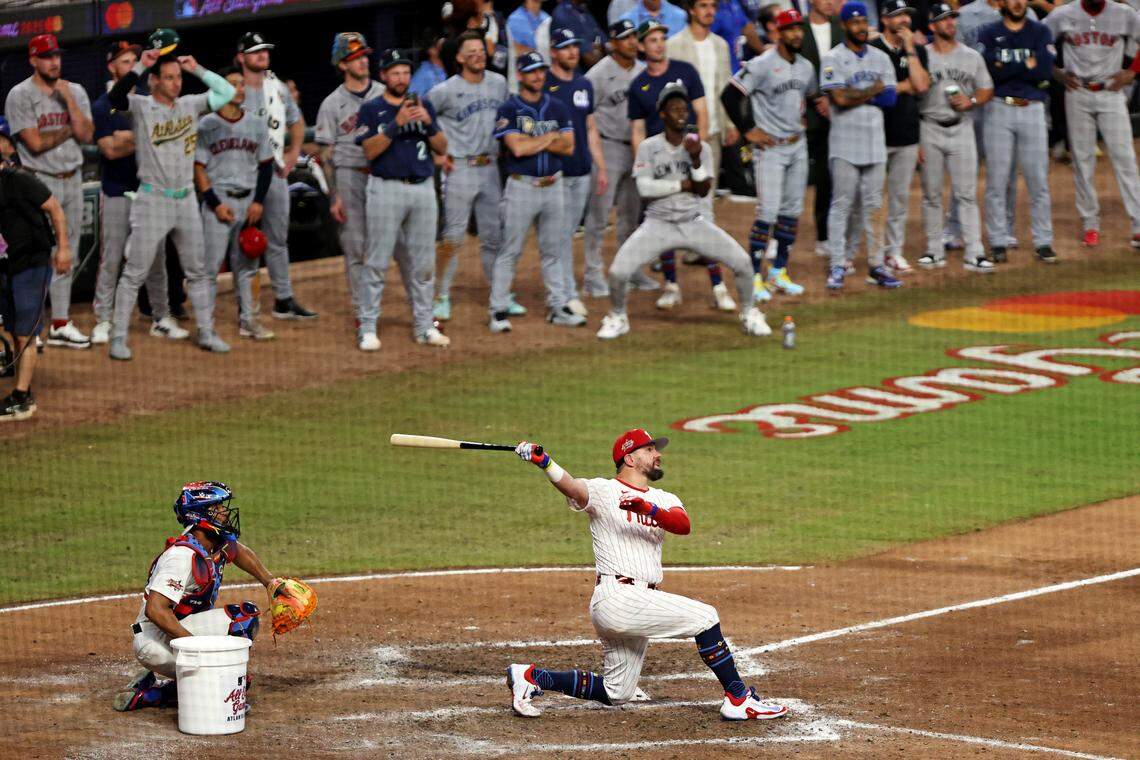 National League slugger Kyle Schwarber of the Philadelphia Phillies hammered out three homers in three swings to help lift the NL to a “swing-off” victory over the AL in the 2025 MLB All-Star Game at Truist Park in Atlanta on Tuesday, July 15, 2025.