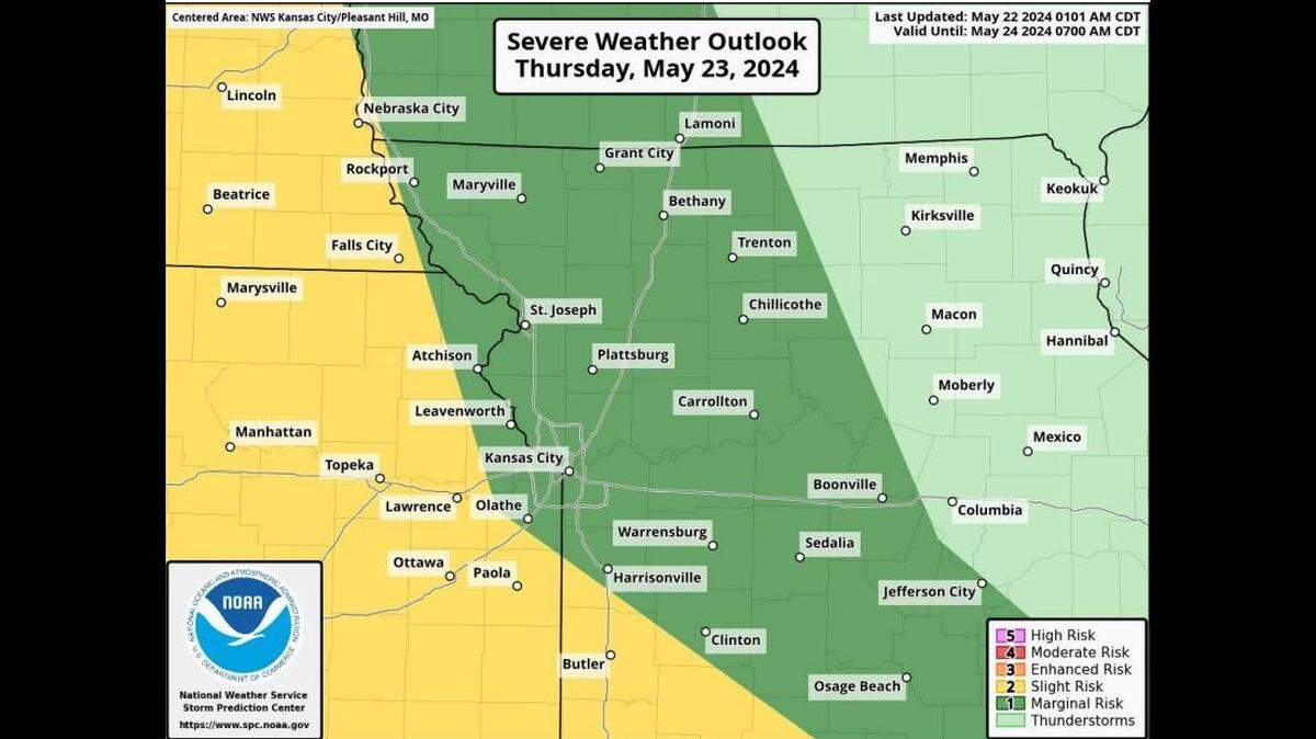 Severe thunderstorms will be possible Thursday night into Friday, the National Weather Service said. The primary concern will be wind gusts near 60 mph. Areas west of the metro have a higher risk of severe weather.