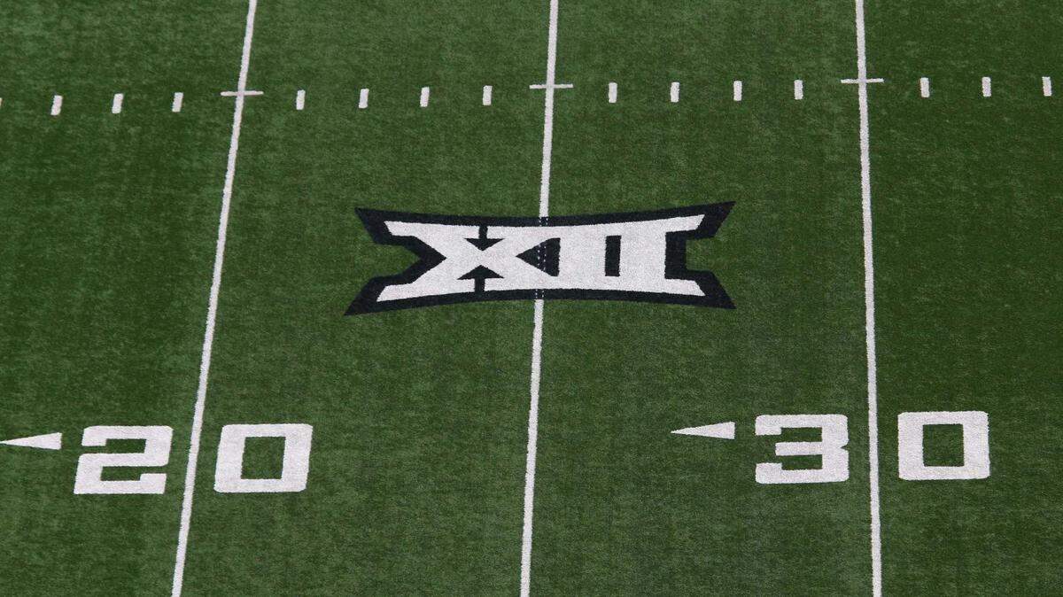 A general view of the Big 12 Logo on the field before the game between the West Virginia Mountaineers and the Texas Tech Red Raiders at Jones AT&T Stadium and Cody Campbell Field.