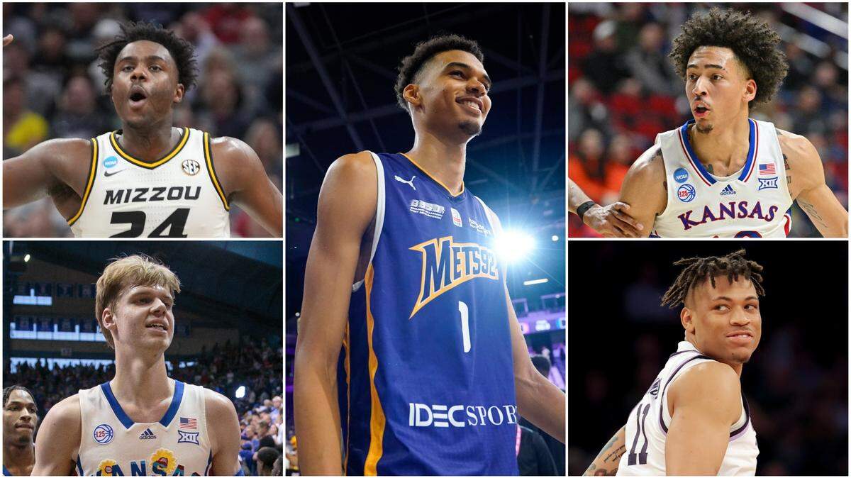 Photo collage: Several area standouts, including Mizzou’s Kobe Brown (top left), KU’s Gradey Dick (bottom left) and Jalen Wilson (top right), and K-State’s Keyontae Johnson (bottom right) are among this year’s projected NBA Draft selections. French star Victor Wembanyama (middle) is projected to go No. 1 overall.