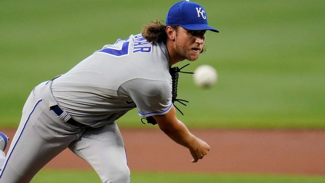 Kansas City Royals starting pitcher Jackson Kowar throws a pitch to the Baltimore Orioles during the first inning of a baseball game, Tuesday, Sept. 7, 2021, in Baltimore. (AP Photo/Julio Cortez)
