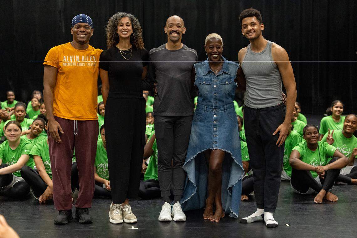 (Left to right) Dancer Solomon Dumas; artistic director Alicia Graf Mack; dancer De'Anthony Vaughan; director of AileyCamp Nasha Thomas and dancer Sebastian Garcia pose for a photo at an Alvin Aikey event.