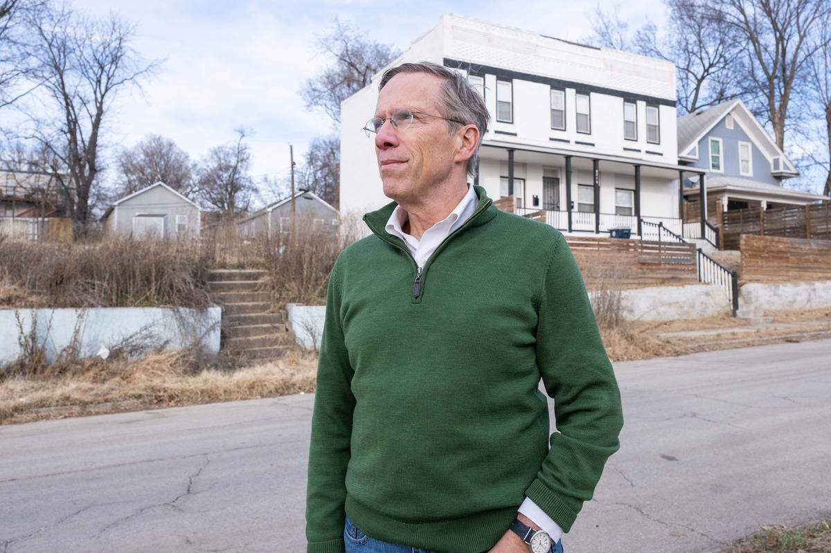 Attorney Gregg Lombardi stands near Lykins Square Park on Wednesday, December 17, 2025, in Kansas City.