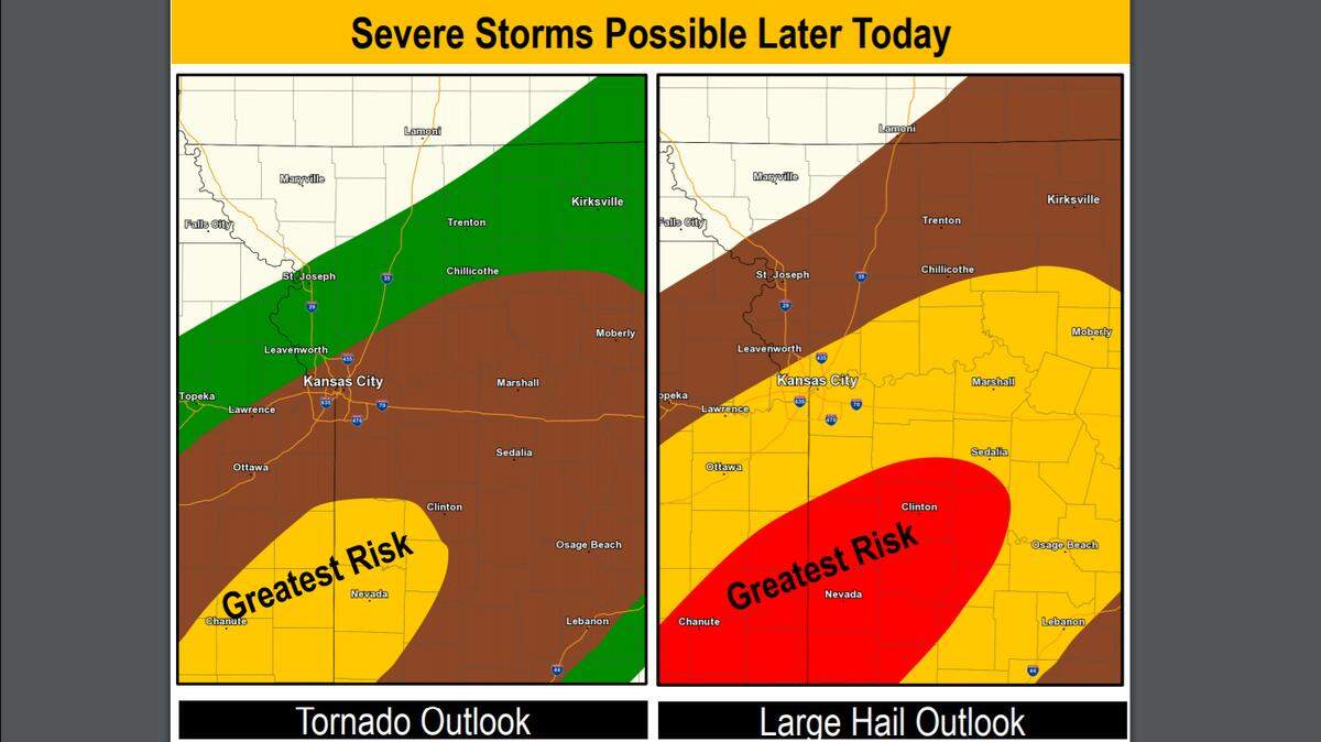Strong to severe weather is possible in the Kansas City area Wednesday mainly along and south of the Interstate 70 corridor. The photo shows the areas that are the greatest risk of tornadoes and large hail.