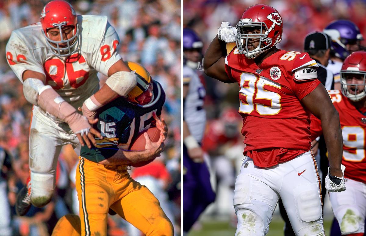 Kansas City Chiefs defensive tackles Junius “Buck” Buchanan, left, and Chris Jones. (Buchanan photo courtesy Kansas City Chiefs Archive, Jones photo by Jill Toyoshiba/The Kansas City Star)