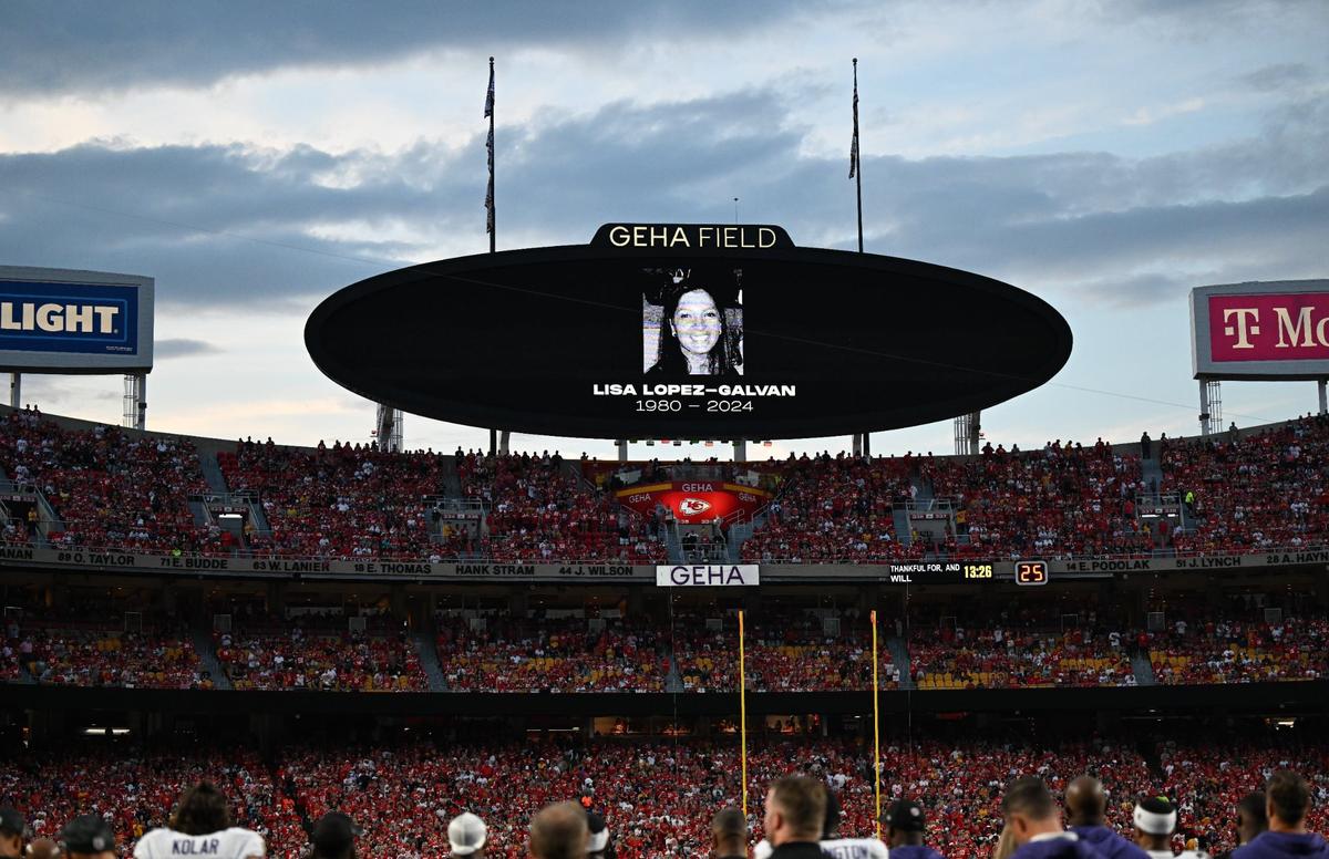 Lisa Lopez-Galvan was honored in a ceremony before the start of the Chief’s home opener against the Baltimore Ravens Thursday, Sept. 5, 2024, at GEHA Field at Arrowhead Stadium. Lopez-Galvan was killed in the mass shooting that took place in February at the Chiefs’ Super Bowl Victory rally at Union Station.
