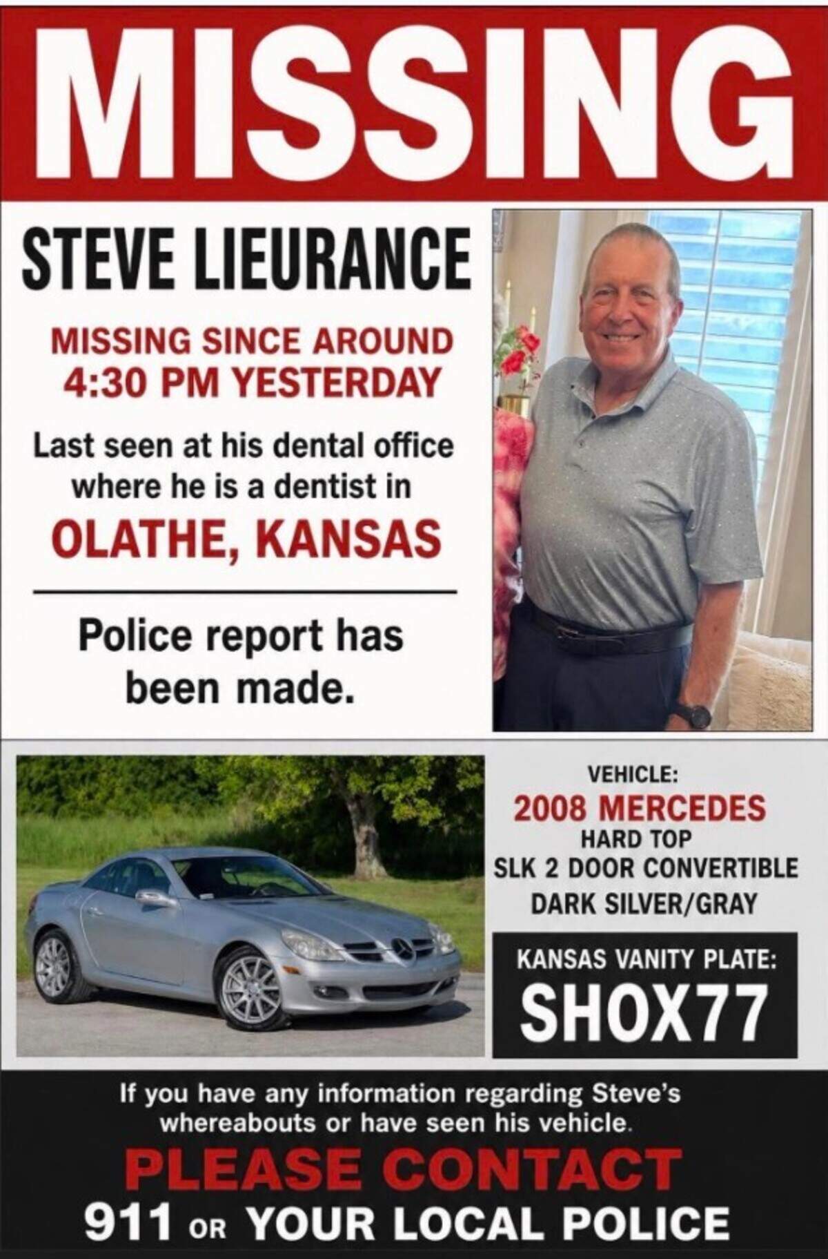 An online flyer alerting people to Steve Lieurance’s disappearance on June 2, 2026. His body was found on June 15, 2026, 225 miles away in his car in the waters of Table Rock Lake in Kimberling City, Missouri.