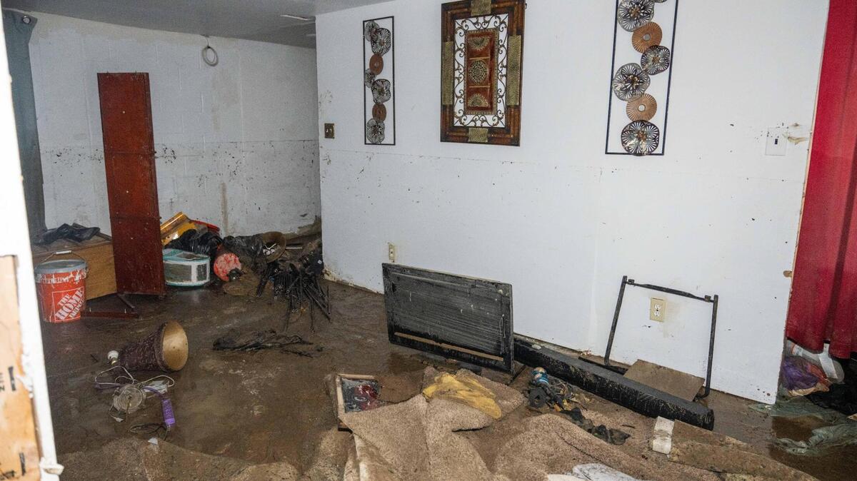 Flood damage inside Tamika Pledger’s home on Thursday, July 17, 2025. Pledger’s entire basement was flooded due to heavy rains, the overflow of a nearby neighbor’s pond, and an overflow of a creek in her backyard.