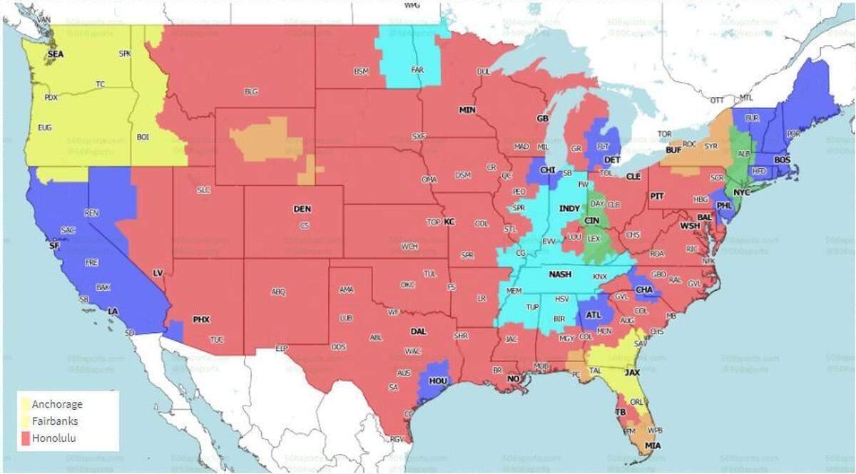 The Steelers-Browns game is in red; Bengals-Jets is in green; Dolphins-Bills is in orange; Titans-Colts in aquamarine; Patriots-Chargers is in blue; and Jaguars-Seahawks is in yellow.