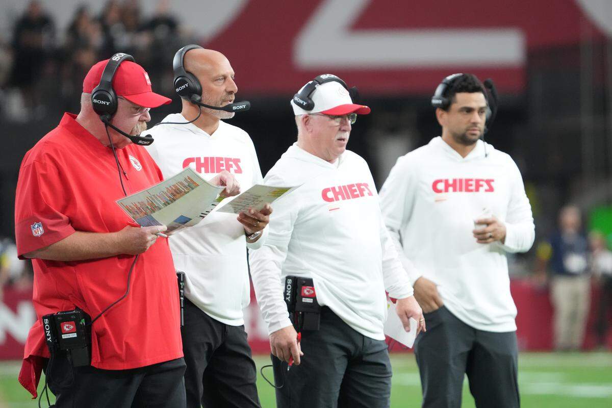 Kansas City Chiefs head coach Andy Reid and his staff look on against the Arizona Cardinals during the first half at State Farm Stadium on Aug. 9, 2025.