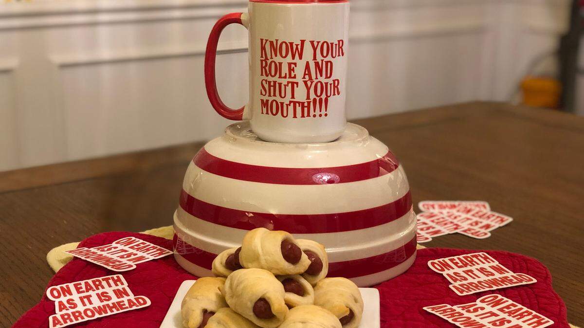 Among the Chiefs paraphernalia at the Kuehl home, a plate of the classic pigs in a blanket will be on hand for the upcoming Super Bowl.